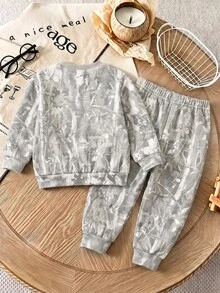Infant Round Neck Casual Comfortable Set, Classic Handsome Cool Dry Branch & Fallen Leaf Print, Suitable For Street Style, Y2K - Multicolor - View 3