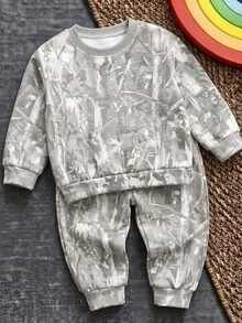 Infant Round Neck Casual Comfortable Set, Classic Handsome Cool Dry Branch & Fallen Leaf Print, Suitable For Street Style, Y2K - Multicolor - View 4