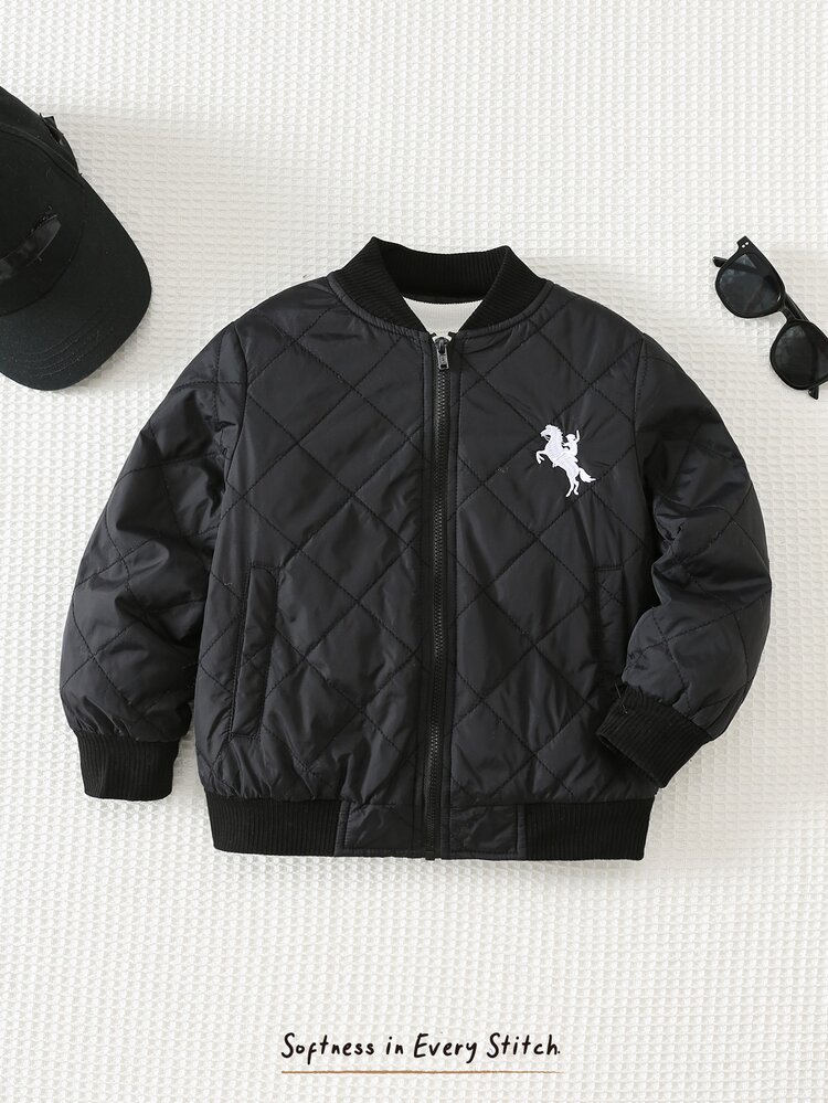 Cozy Pixies Young Boys Winter Coats Kids Diamond Quilted Black Padded Coat Classic Embroidered Baseball Style Coat Comfortable - Black - View 5