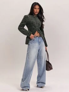 SHEIN BAE Blazer Slim Fit Kancing Katak Bertekstur Hijau Zaitun untuk Wanita Musim Gugur 2026 Jaket Jacquard Elegan Lengan Panjang Pas Badan untuk Kantor Kencan Malam Tamu Pernikahan - Hijau Tentara - View 5