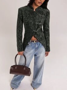 SHEIN BAE Blazer Slim Fit Kancing Katak Bertekstur Hijau Zaitun untuk Wanita Musim Gugur 2026 Jaket Jacquard Elegan Lengan Panjang Pas Badan untuk Kantor Kencan Malam Tamu Pernikahan - Hijau Tentara - View 6