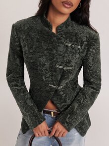 SHEIN BAE Blazer Slim Fit Kancing Katak Bertekstur Hijau Zaitun untuk Wanita Musim Gugur 2026 Jaket Jacquard Elegan Lengan Panjang Pas Badan untuk Kantor Kencan Malam Tamu Pernikahan - Hijau Tentara - View 9