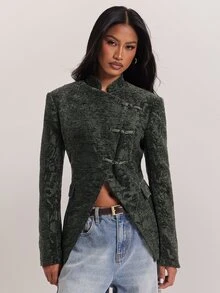 SHEIN BAE Blazer Slim Fit Kancing Katak Bertekstur Hijau Zaitun untuk Wanita Musim Gugur 2026 Jaket Jacquard Elegan Lengan Panjang Pas Badan untuk Kantor Kencan Malam Tamu Pernikahan - Hijau Tentara - View 1