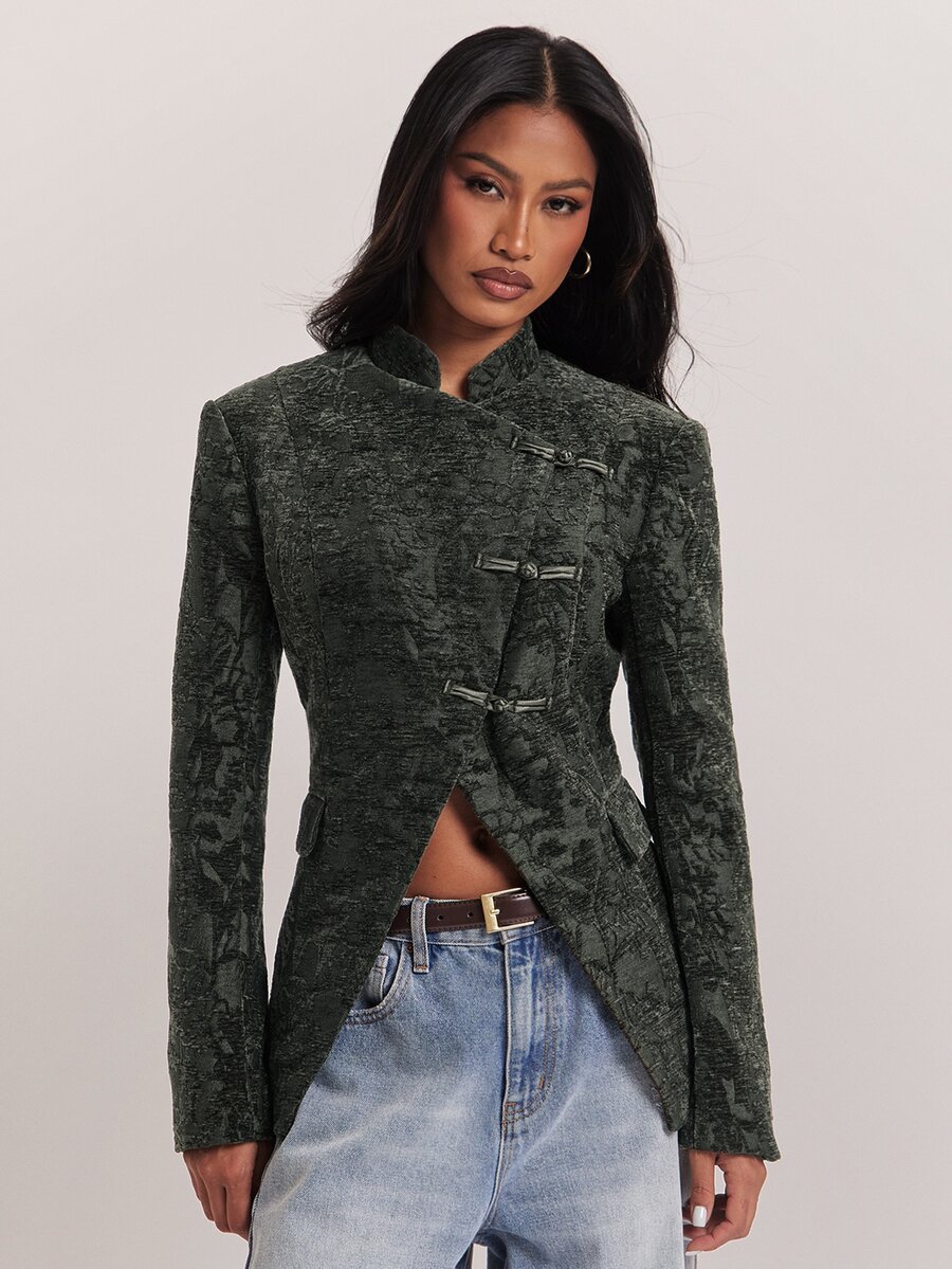 SHEIN BAE Blazer Slim Fit Kancing Katak Bertekstur Hijau Zaitun untuk Wanita Musim Gugur 2026 Jaket Jacquard Elegan Lengan Panjang Pas Badan untuk Kantor Kencan Malam Tamu Pernikahan - Hijau Tentara - View 1