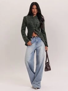 SHEIN BAE Blazer Slim Fit Kancing Katak Bertekstur Hijau Zaitun untuk Wanita Musim Gugur 2026 Jaket Jacquard Elegan Lengan Panjang Pas Badan untuk Kantor Kencan Malam Tamu Pernikahan - Hijau Tentara - View 4