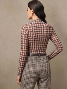 Anewsta 時尚優雅數位千鳥格印花長袖女款T恤，外出上衣、基礎上衣、基礎襯衫、優雅女式襯衫 - 摩卡棕 - 查看 6