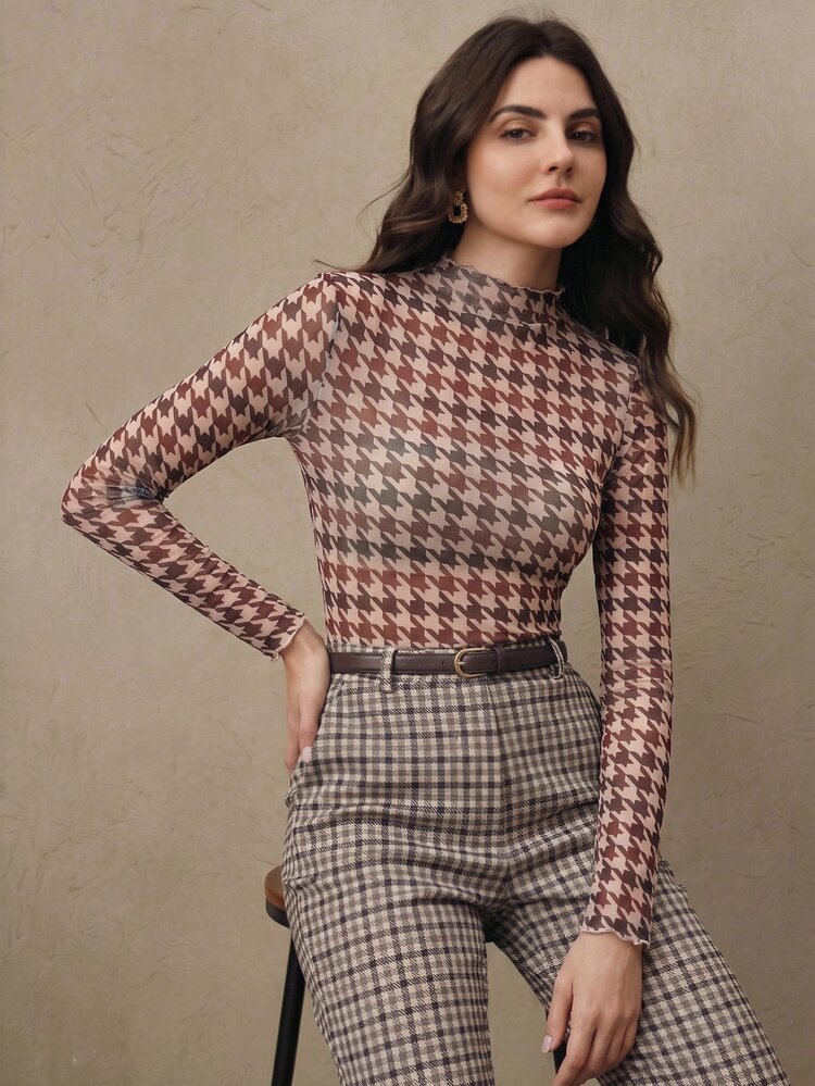 Anewsta Modern Fashion Elegant Digital Houndstooth Print Long Sleeve Women's T-Shirt, Going Out Tops, Basic Tops, Basic Blouses, Elegant Women's Blouses - Mocha Brown - View 4