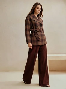 Anewsta Women's Autumn/Winter Short Plaid High Neck Cinched Waist Vintage Checkered Wool Coat - Camel - View 7