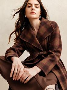 Anewsta Women's Autumn/Winter Short Plaid High Neck Cinched Waist Vintage Checkered Wool Coat - Camel - View 1