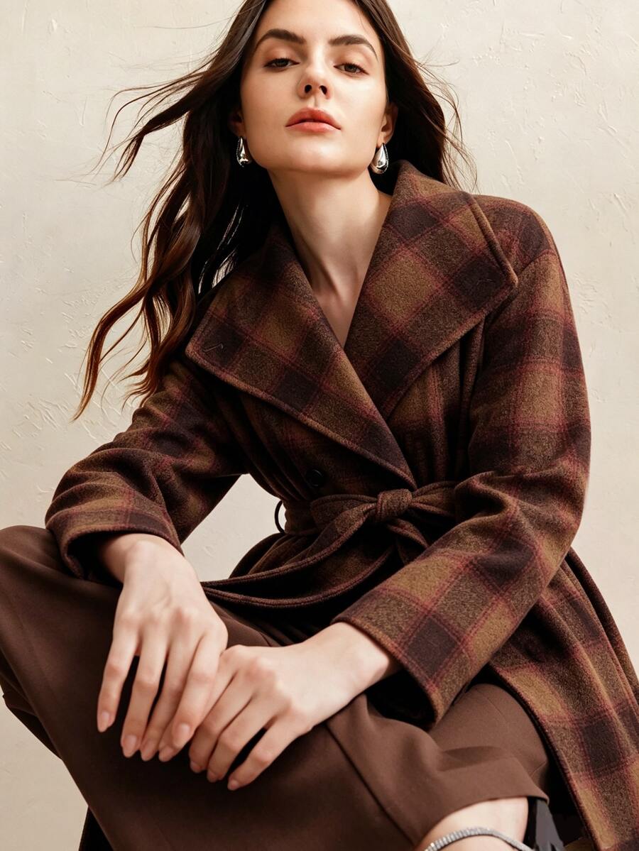 Anewsta Women's Autumn/Winter Short Plaid High Neck Cinched Waist Vintage Checkered Wool Coat - Camel - View 1