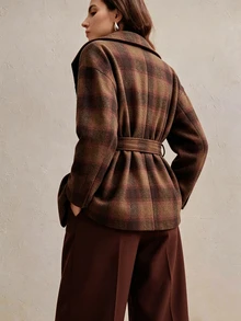 Anewsta Women's Autumn/Winter Short Plaid High Neck Cinched Waist Vintage Checkered Wool Coat - Camel - View 5