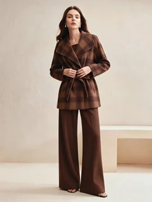 Anewsta Women's Autumn/Winter Short Plaid High Neck Cinched Waist Vintage Checkered Wool Coat - Camel - View 4
