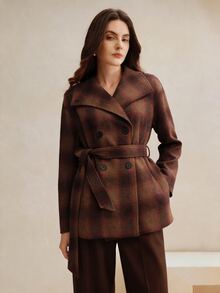 Anewsta Women's Autumn/Winter Short Plaid High Neck Cinched Waist Vintage Checkered Wool Coat - Camel - View 2