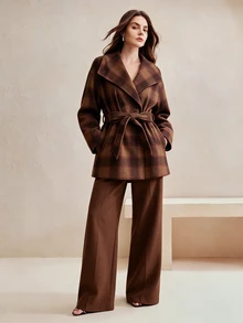 Anewsta Women's Autumn/Winter Short Plaid High Neck Cinched Waist Vintage Checkered Wool Coat - Camel - View 3