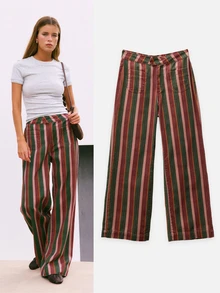 Nöista Multicolor Striped Wide-Leg Pants With Pockets. Fall, Winter, Autumn, Casual, College, University, Office, Cozy Everyday Look, Denim, Print, Comfy.. - Clay Red - View 3
