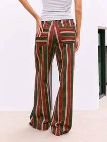 Nöista Multicolor Striped Wide-Leg Pants With Pockets. Fall, Winter, Autumn, Casual, College, University, Office, Cozy Everyday Look, Denim, Print, Comfy.. - Clay Red - View 2