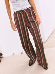Nöista Multicolor Striped Wide-Leg Pants With Pockets. Fall, Winter, Autumn, Casual, College, University, Office, Cozy Everyday Look, Denim, Print, Comfy.. - Clay Red - View 6