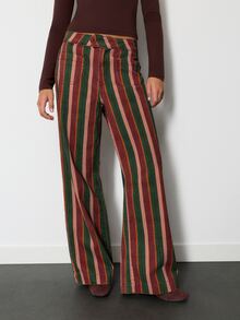 Nöista Multicolor Striped Wide-Leg Pants With Pockets. Fall, Winter, Autumn, Casual, College, University, Office, Cozy Everyday Look, Denim, Print, Comfy.. - Clay Red - View 4