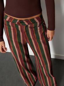 Nöista Multicolor Striped Wide-Leg Pants With Pockets. Fall, Winter, Autumn, Casual, College, University, Office, Cozy Everyday Look, Denim, Print, Comfy.. - Clay Red - View 7