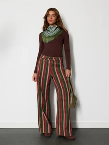 Nöista Multicolor Striped Wide-Leg Pants With Pockets. Fall, Winter, Autumn, Casual, College, University, Office, Cozy Everyday Look, Denim, Print, Comfy.. - Clay Red - View 1