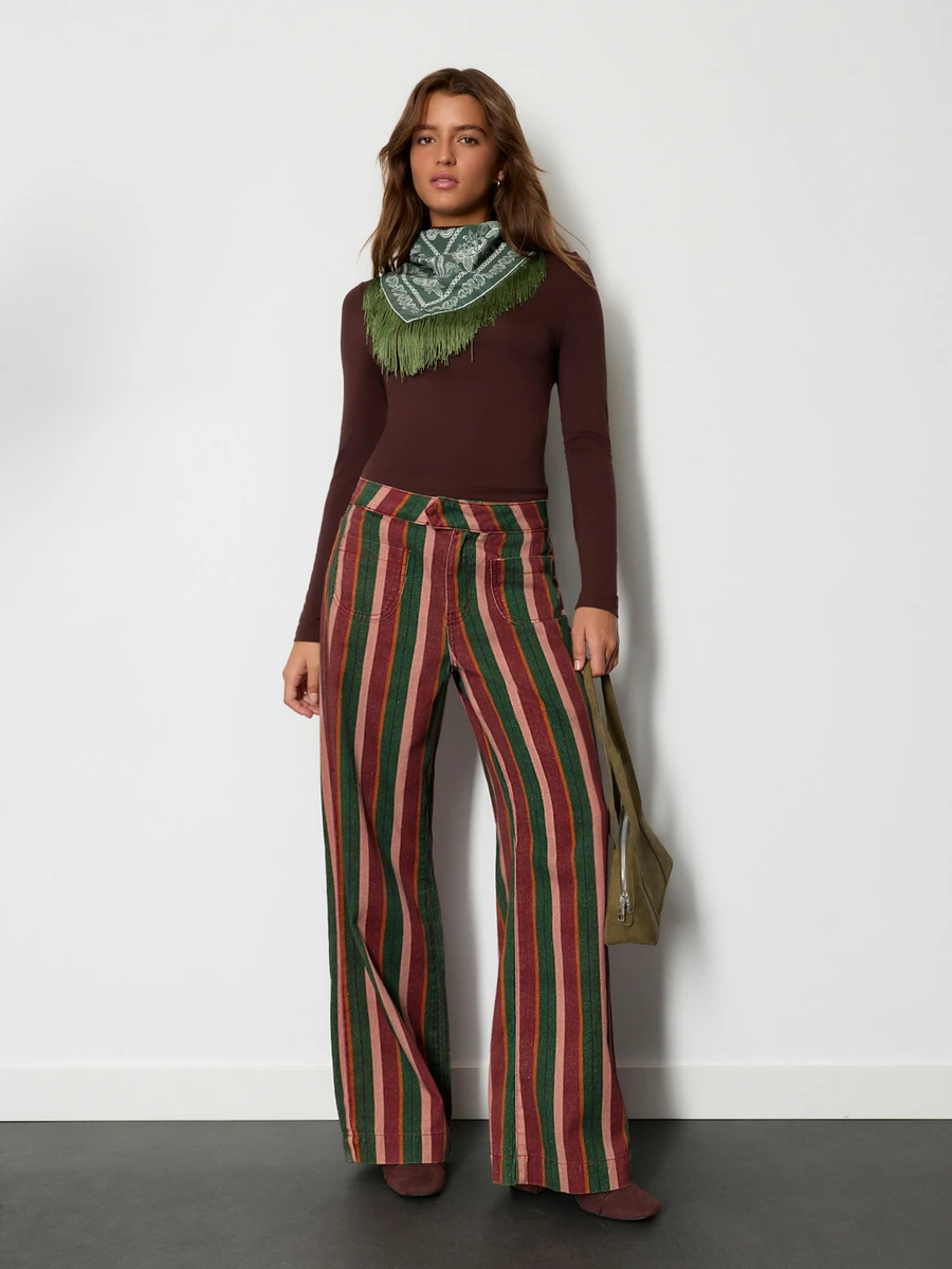 Nöista Multicolor Striped Wide-Leg Pants With Pockets. Fall, Winter, Autumn, Casual, College, University, Office, Cozy Everyday Look, Denim, Print, Comfy.. - Clay Red - View 1