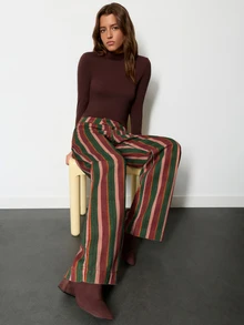 Nöista Multicolor Striped Wide-Leg Pants With Pockets. Fall, Winter, Autumn, Casual, College, University, Office, Cozy Everyday Look, Denim, Print, Comfy.. - Clay Red - View 5