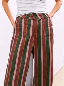 Nöista Multicolor Striped Wide-Leg Pants With Pockets. Fall, Winter, Autumn, Casual, College, University, Office, Cozy Everyday Look, Denim, Print, Comfy.. - Clay Red - View 9
