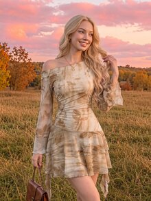 SHEIN MOD Women's Asymmetrical Shoulder Ruched Tie-Front Long Sleeve Vacation Dress - Apricot - View 3