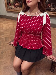 SHEIN MOD 大尺碼女款肩部打結收腰荷葉邊波點襯衫 秋季 - 酒紅色 - 查看 4