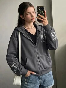 SHEIN 青少年女孩秋冬純色時尚蝴蝶結運動衫外套，舒適抓絨布料，時尚袖子設計，灰色街頭風寬鬆款 - 深灰色 - 查看 3