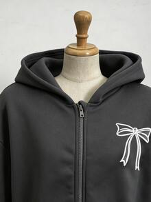 SHEIN 青少年女孩秋冬純色時尚蝴蝶結運動衫外套，舒適抓絨布料，時尚袖子設計，灰色街頭風寬鬆款 - 深灰色 - 查看 7