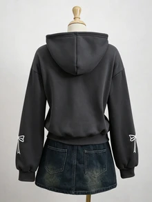 SHEIN 青少年女孩秋冬純色時尚蝴蝶結運動衫外套，舒適抓絨布料，時尚袖子設計，灰色街頭風寬鬆款 - 深灰色 - 查看 2