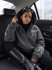 SHEIN 青少年女孩秋冬純色時尚蝴蝶結運動衫外套，舒適抓絨布料，時尚袖子設計，灰色街頭風寬鬆款 - 深灰色 - 查看 5