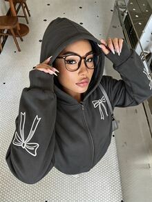 SHEIN 青少年女孩秋冬純色時尚蝴蝶結運動衫外套，舒適抓絨布料，時尚袖子設計，灰色街頭風寬鬆款 - 深灰色 - 查看 4