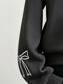 SHEIN 青少年女孩秋冬純色時尚蝴蝶結運動衫外套，舒適抓絨布料，時尚袖子設計，灰色街頭風寬鬆款 - 深灰色 - 查看 6