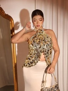 Cravure Women's Solid Color Fashion Party Sequin Halter Neck Top - Mint Green - View 8