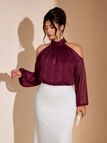 Cravure Women's Plus Size Elegant Shimmer Halter Neck Cold Shoulder Chiffon Blouse, High Neck Puff Long Sleeve Loose Flattering Shirt Fall - Burgundy - View 4