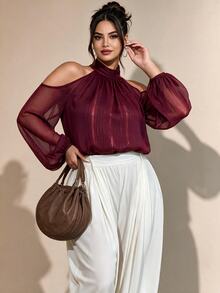 Cravure Women's Plus Size Elegant Shimmer Halter Neck Cold Shoulder Chiffon Blouse, High Neck Puff Long Sleeve Loose Flattering Shirt Fall - Burgundy - View 1