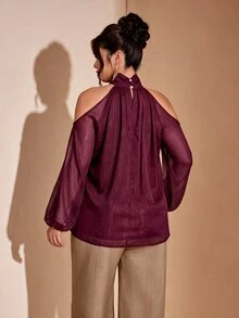 Cravure Women's Plus Size Elegant Shimmer Halter Neck Cold Shoulder Chiffon Blouse, High Neck Puff Long Sleeve Loose Flattering Shirt Fall - Burgundy - View 5
