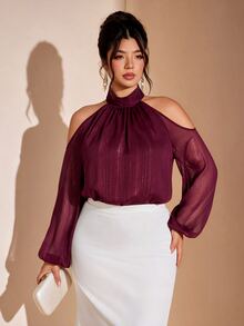 Cravure Women's Plus Size Elegant Shimmer Halter Neck Cold Shoulder Chiffon Blouse, High Neck Puff Long Sleeve Loose Flattering Shirt Fall - Burgundy - View 3