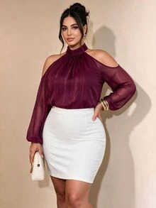 Cravure Women's Plus Size Elegant Shimmer Halter Neck Cold Shoulder Chiffon Blouse, High Neck Puff Long Sleeve Loose Flattering Shirt Fall - Burgundy - View 2
