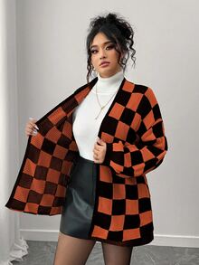 Elenzga 秋冬時尚休閒拼色拼接棋盤格女款長袖寬鬆顯瘦大尺碼開襟衫外套，萬聖節 - 亮橙色 - 查看 8