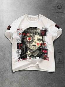 ROMWE MEN Goth Men's Casual Daily Wear Short Sleeve T-Shirt With Character Graphic - White - View 1