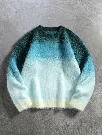 Men Ombre Colorblock Fluffy Knit Sweater, Crew Neck Long Sleeve Casual Pullover