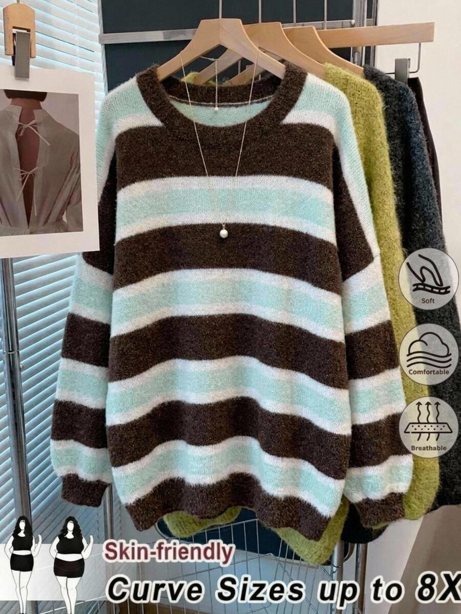 SHEIN CURVE+ Pullover Longgar Bergaris Cokelat Leher Bulat Model Baru Musim Gugur 2025, Gaya Kampus Ukuran Besar Lengan Panjang Musim Dingin - MultiWarna - View 1