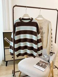 SHEIN CURVE+ Pullover Longgar Bergaris Cokelat Leher Bulat Model Baru Musim Gugur 2025, Gaya Kampus Ukuran Besar Lengan Panjang Musim Dingin - MultiWarna - View 7