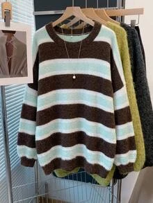 SHEIN CURVE+ Pullover Longgar Bergaris Cokelat Leher Bulat Model Baru Musim Gugur 2025, Gaya Kampus Ukuran Besar Lengan Panjang Musim Dingin - MultiWarna - View 4