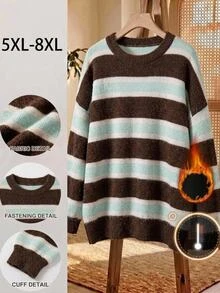 SHEIN CURVE+ Pullover Longgar Bergaris Cokelat Leher Bulat Model Baru Musim Gugur 2025, Gaya Kampus Ukuran Besar Lengan Panjang Musim Dingin - MultiWarna - View 8