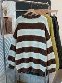 SHEIN CURVE+ Pullover Longgar Bergaris Cokelat Leher Bulat Model Baru Musim Gugur 2025, Gaya Kampus Ukuran Besar Lengan Panjang Musim Dingin - MultiWarna - View 2