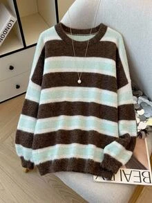 SHEIN CURVE+ Pullover Longgar Bergaris Cokelat Leher Bulat Model Baru Musim Gugur 2025, Gaya Kampus Ukuran Besar Lengan Panjang Musim Dingin - MultiWarna - View 6